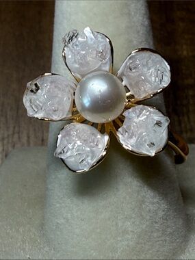 Gold-Tone Floral Freshwater Pearl Ring with Clear/Pinkish Crystal Petals-ADJ